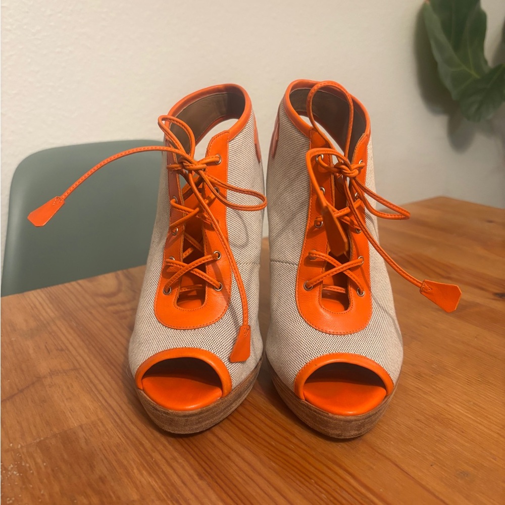 Hermes Orange and Cream Lace-Up Peep Toe Boots Booties